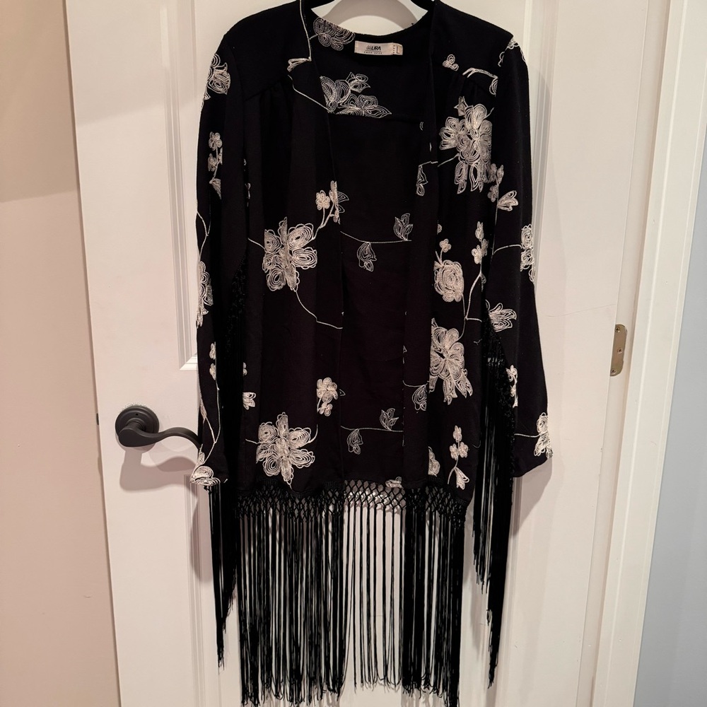 Lira Black Kimono with White Floral Accents